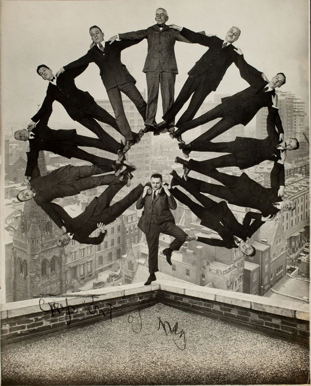 Man on Rooftop with Eleven Men in Formation on His Shoulders (Unidentified American artist, ca. 1930) From 'Faking It: Manipulated Photography Before Photoshop.'