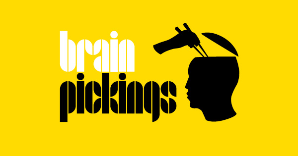 Brain Pickings logo: white background of a black illustration where the scalp of a person's head has been lifted like a lid, and a hand is reaching in with chopsticks